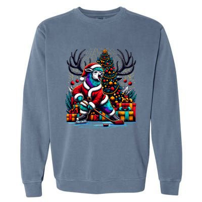 Funny Santa Llama Playing Hockey Christmas Gift Garment-Dyed Sweatshirt