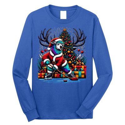 Funny Santa Llama Playing Hockey Christmas Gift Long Sleeve Shirt