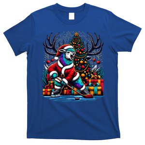 Funny Santa Llama Playing Hockey Christmas Gift T-Shirt