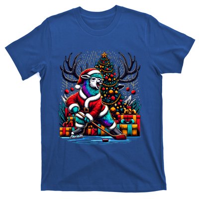 Funny Santa Llama Playing Hockey Christmas Gift T-Shirt