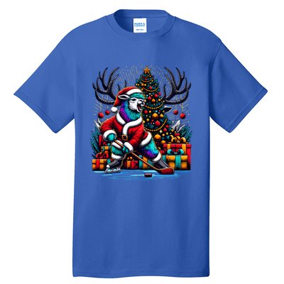 Funny Santa Llama Playing Hockey Christmas Gift Tall T-Shirt