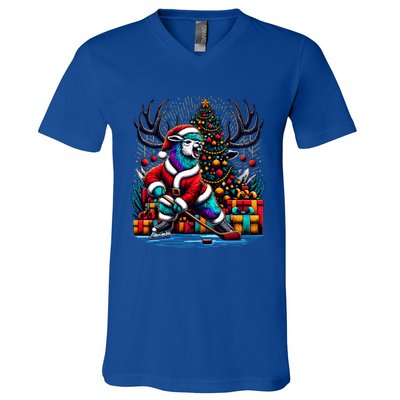 Funny Santa Llama Playing Hockey Christmas Gift V-Neck T-Shirt