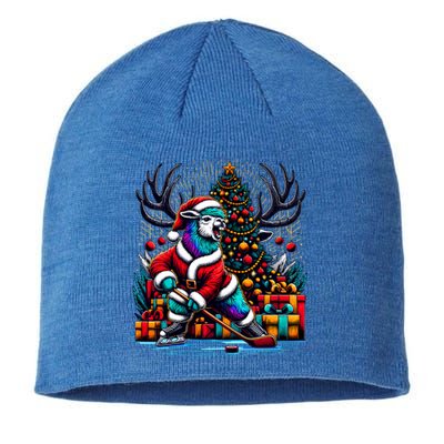 Funny Santa Llama Playing Hockey Christmas Gift Sustainable Beanie