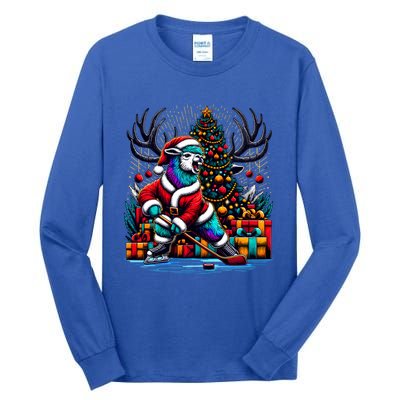 Funny Santa Llama Playing Hockey Christmas Gift Tall Long Sleeve T-Shirt