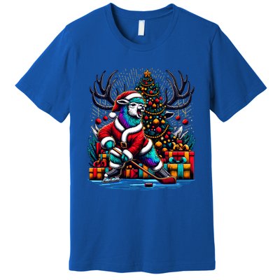 Funny Santa Llama Playing Hockey Christmas Gift Premium T-Shirt