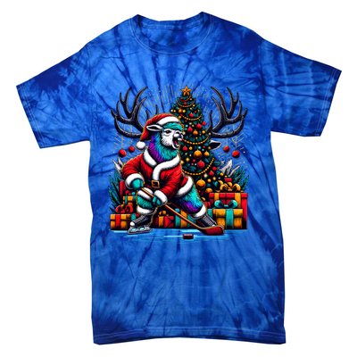 Funny Santa Llama Playing Hockey Christmas Gift Tie-Dye T-Shirt