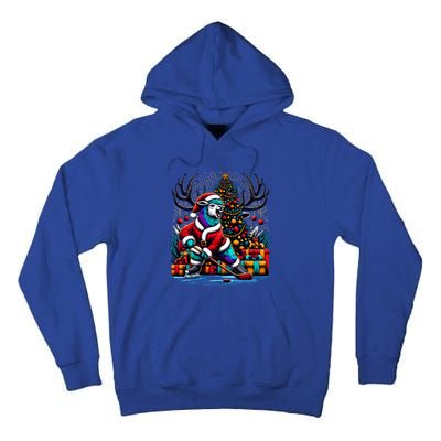 Funny Santa Llama Playing Hockey Christmas Gift Tall Hoodie