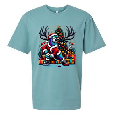 Funny Santa Llama Playing Hockey Christmas Gift Sueded Cloud Jersey T-Shirt