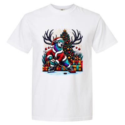 Funny Santa Llama Playing Hockey Christmas Gift Garment-Dyed Heavyweight T-Shirt