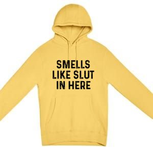 Funny Smells Like Slut In Here Gift Offensive Funny Adult Humor Gift Premium Pullover Hoodie