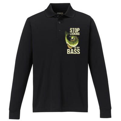 Fishing Stop Looking At My Bass Lake Novelty Performance Long Sleeve Polo