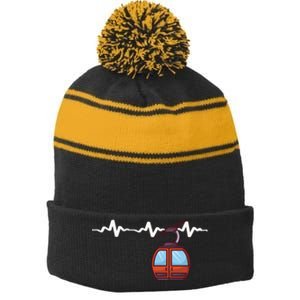 Funny Ski Lift Heartbeat Design Skier Gift For Skier Stripe Pom Pom Beanie