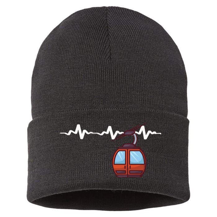 Funny Ski Lift Heartbeat Design Skier Gift For Skier Sustainable Knit Beanie