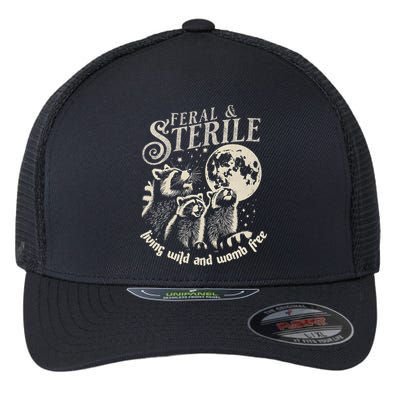 Feral & Sterile Living Wild And Womb Free Funny Racoon Flexfit Unipanel Trucker Cap
