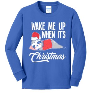 Funny Sloth Lover Wake Me Up When ItS Christmas Gift Kids Long Sleeve Shirt