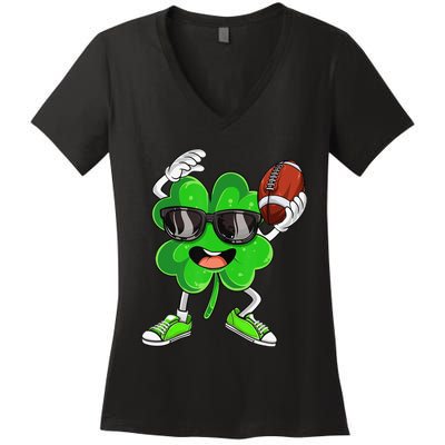 Football Shamrock Lucky Clover Irish St Patrick's Day Women's V-Neck T-Shirt