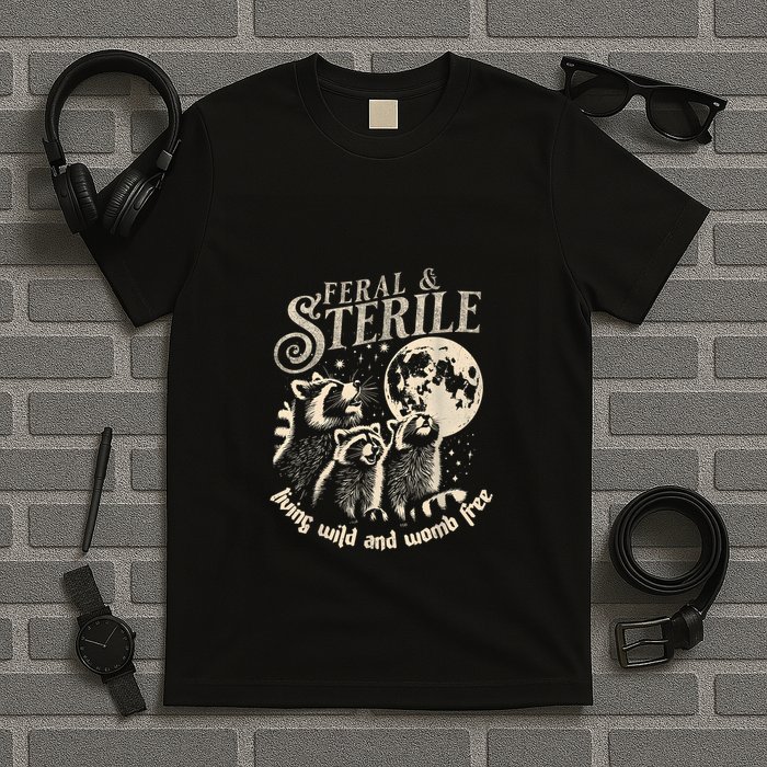 Feral & Sterile Living Wild And Womb Free Funny Racoon Retro T-Shirt