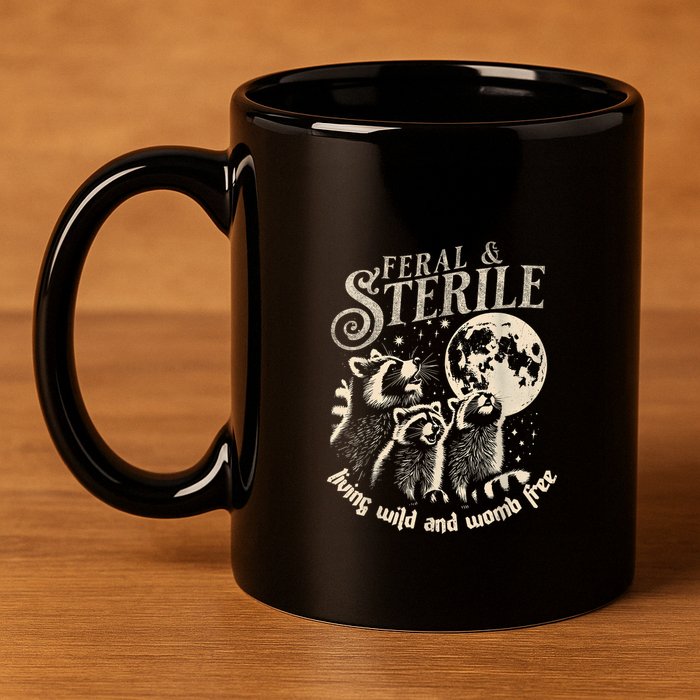 Feral & Sterile Living Wild And Womb Free Funny Racoon Retro 11oz C Handle Ceramic Mug