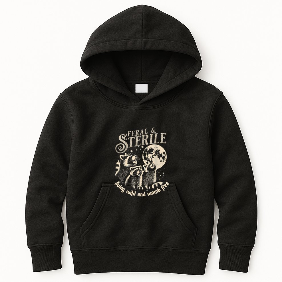 Feral & Sterile Living Wild And Womb Free Funny Racoon Retro Kids Hoodie