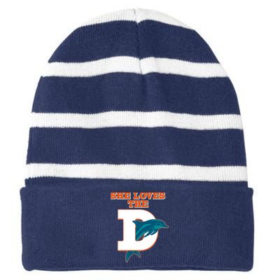 Funny She Loves The D Miami Football Fan Striped Beanie with Solid Band