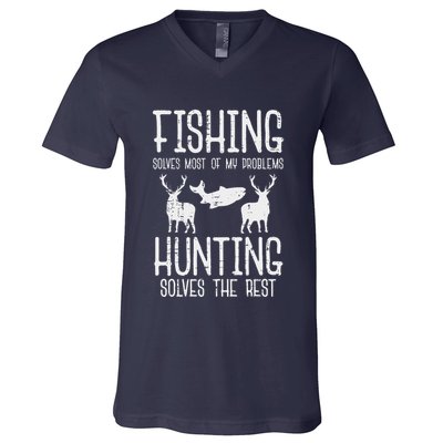 Fishing Solves Most Problems Hunting Rest Funny V-Neck T-Shirt