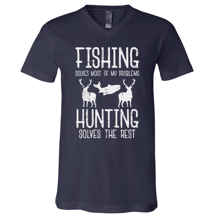 Fishing Solves Most Problems Hunting Rest Funny V-Neck T-Shirt