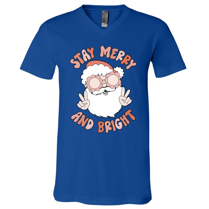 Funny Stay Merry And Bright Christmas Santa Claus Groovy Cute Gift V-Neck T-Shirt