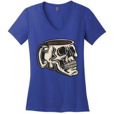 Funny Skull Mug Cup Coffee Skeleton Lover Gift Women's V-Neck T-Shirt