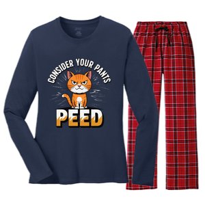 Funny Silly Meme Cat Consider Your Pants Peedcool Women's Long Sleeve Flannel Pajama Set 