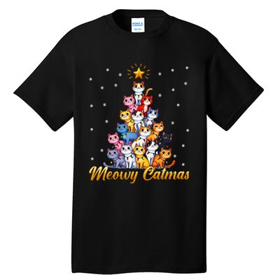 Funny Santa Meowy Catmas Cat Christmas Tree Xmas Tall T-Shirt