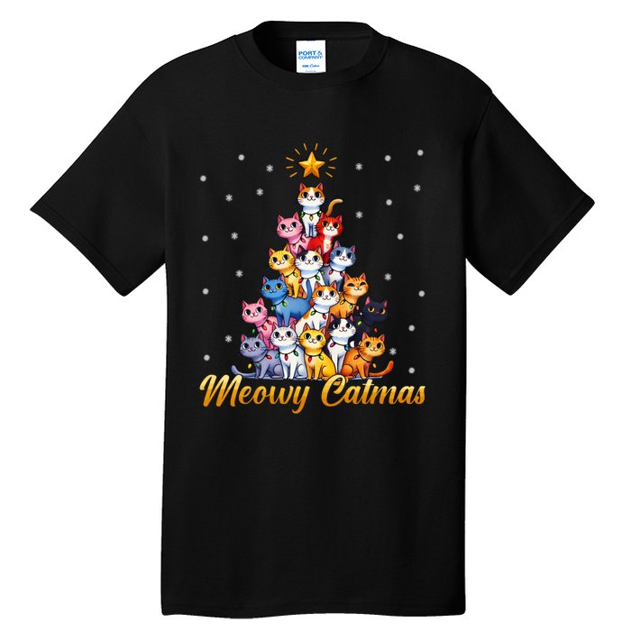 Funny Santa Meowy Catmas Cat Christmas Tree Xmas Tall T-Shirt