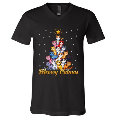 Funny Santa Meowy Catmas Cat Christmas Tree Xmas V-Neck T-Shirt