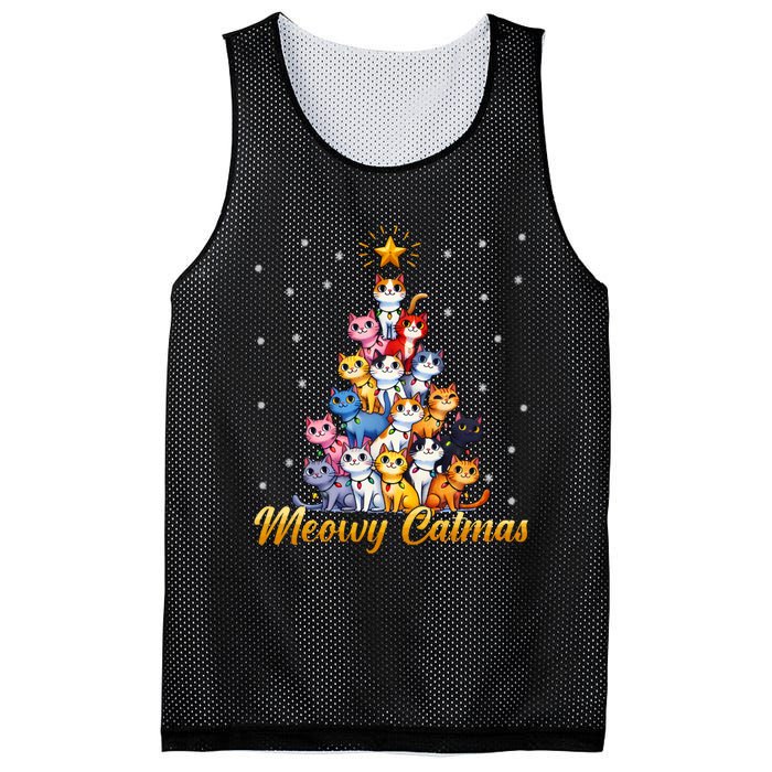 Funny Santa Meowy Catmas Cat Christmas Tree Xmas Mesh Reversible Basketball Jersey Tank