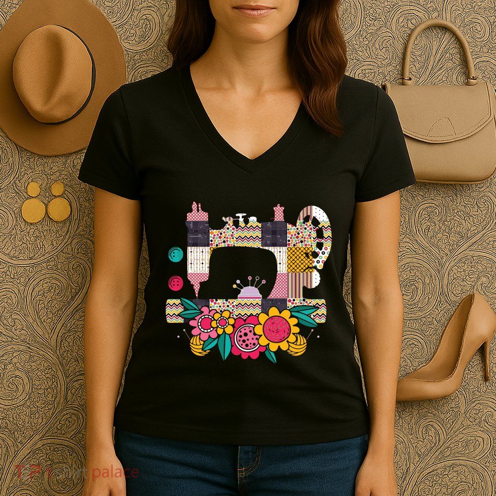 Floral Sewing Machine Flower Seamstress Sewing Machine Women's V-Neck T-Shirt