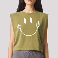 Funny Smiley Middle Finger Smile Face Garment-Dyed Women's Muscle Tee