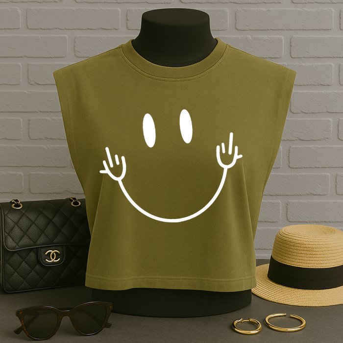 Funny Smiley Middle Finger Smile Face Garment-Dyed Women's Muscle Tee