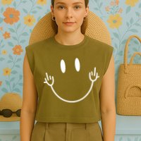 Funny Smiley Middle Finger Smile Face Garment-Dyed Women's Muscle Tee