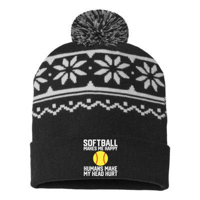 Funny Softball Makes Me Happy Humans Make My Head Hurt USA-Made Snowflake Beanie