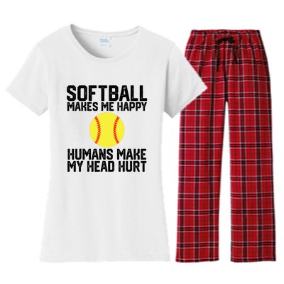 Funny Softball Makes Me Happy Humans Make My Head Hurt Women's Flannel Pajama Set