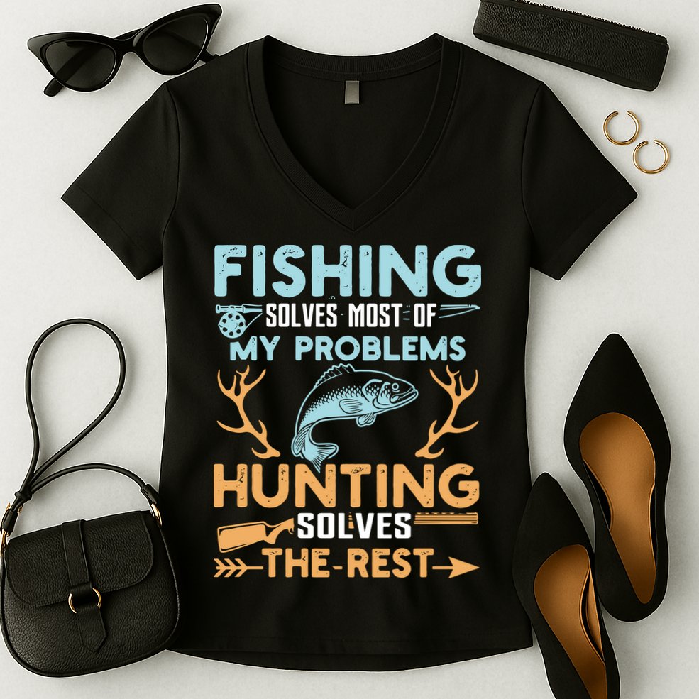 Fishing Solves Most Of My Problems Hunting Solves The Rest Pullo Women's V-Neck T-Shirt