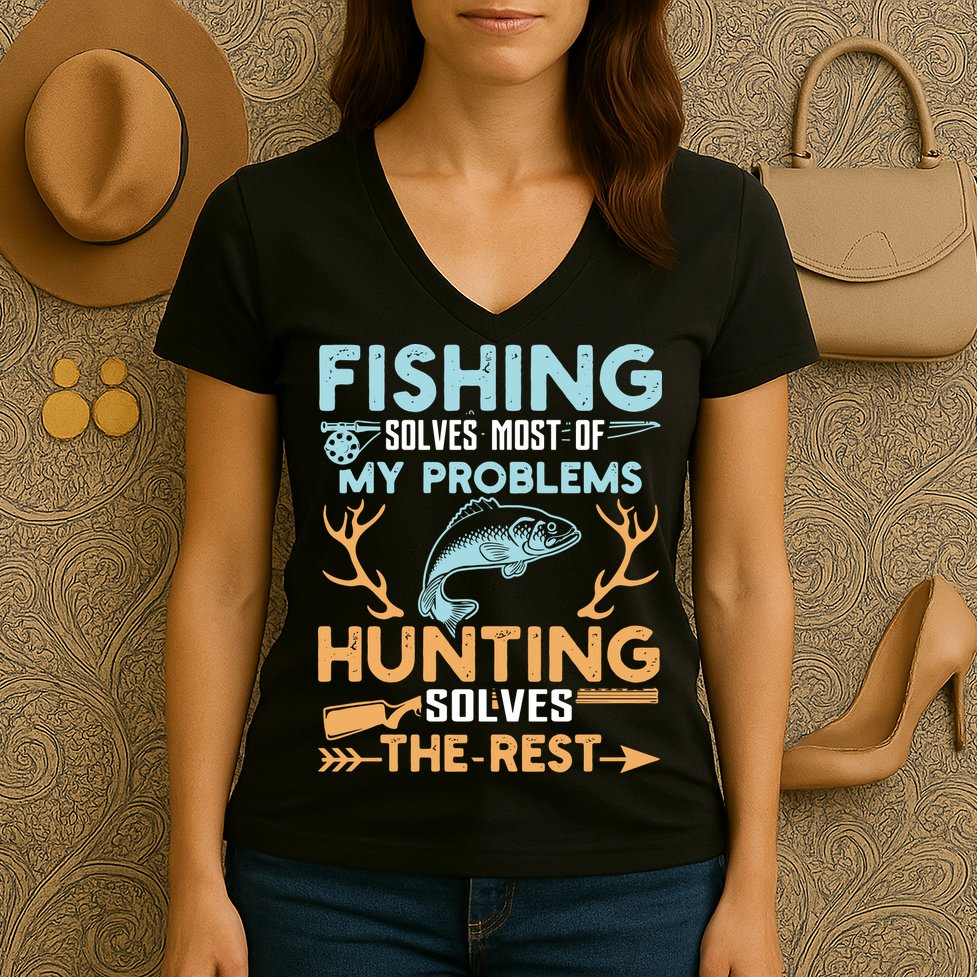 Fishing Solves Most Of My Problems Hunting Solves The Rest Pullo Women's V-Neck T-Shirt