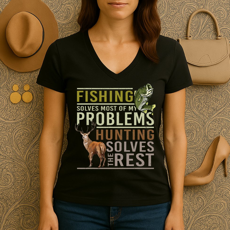 Fishing Solves Most Of My Problems Hunting Women's V-Neck T-Shirt