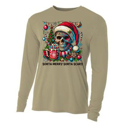 Funny Sorta Merry Sorta Scary Skeleton Christmas Tree Xmas Cooling Performance Long Sleeve Crew