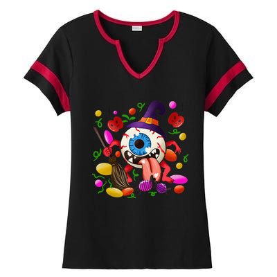 Funny Scary Monster Eyeball Face Halloween Ladies Halftime Notch Neck Tee