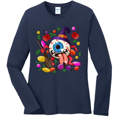 Funny Scary Monster Eyeball Face Halloween Ladies Long Sleeve Shirt