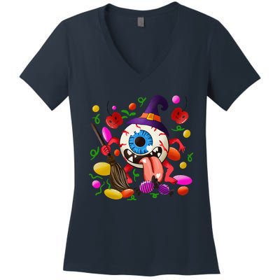 Funny Scary Monster Eyeball Face Halloween Women's V-Neck T-Shirt