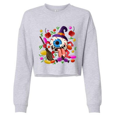 Funny Scary Monster Eyeball Face Halloween Cropped Pullover Crew