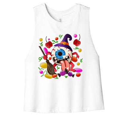 Funny Scary Monster Eyeball Face Halloween Women's Racerback Cropped Tank