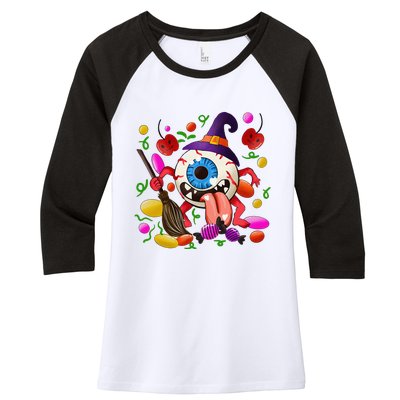 Funny Scary Monster Eyeball Face Halloween Women's Tri-Blend 3/4-Sleeve Raglan Shirt