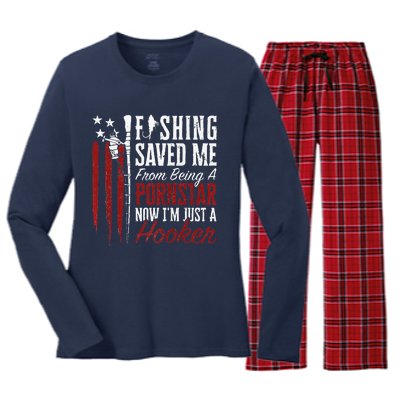 Fishing Saved Me From Being A Hooker Fisherman (On Back) Women's Long Sleeve Flannel Pajama Set 